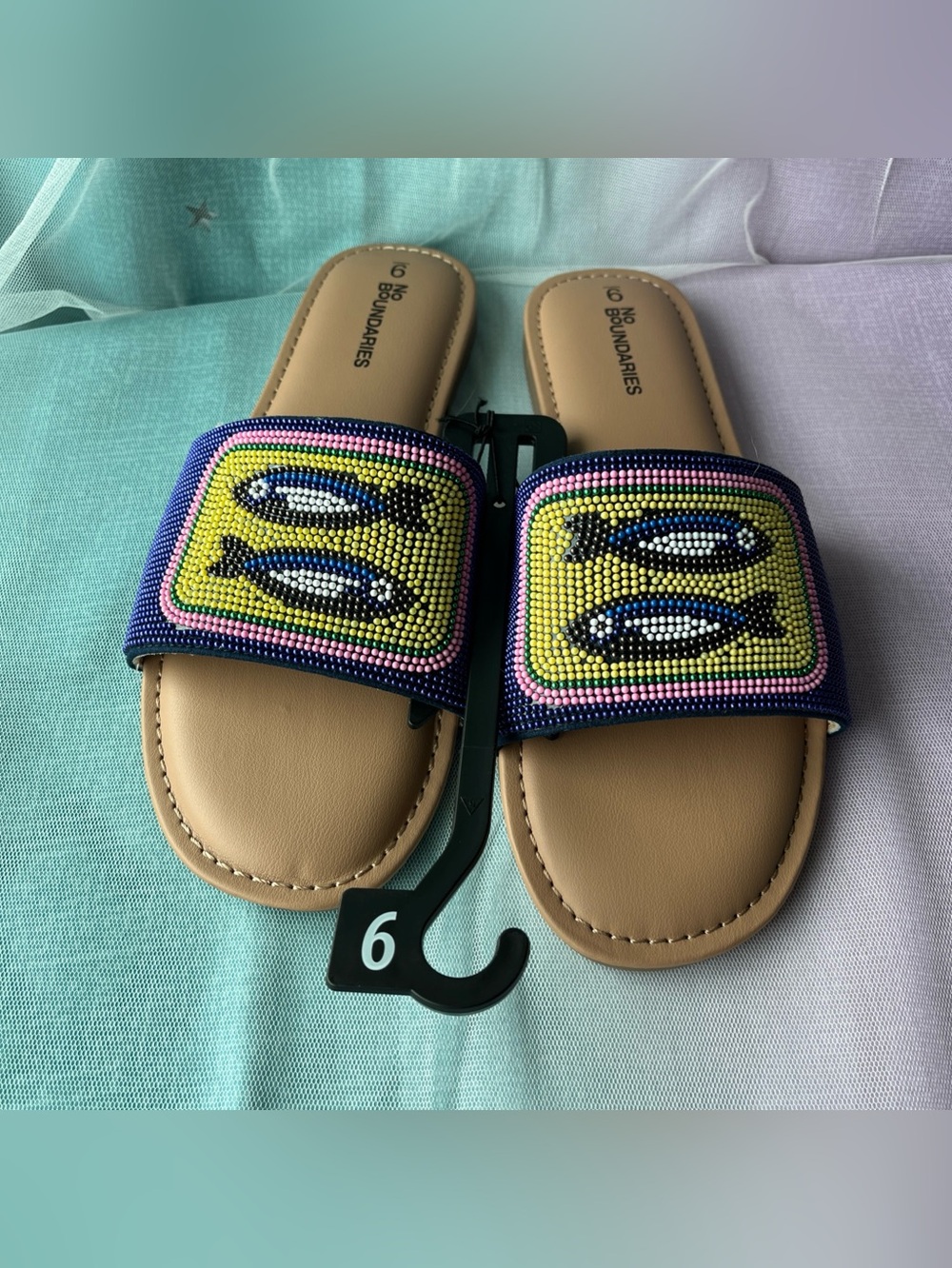 No Boundaries Beaded Slide Sandals Sardines Sz 9 Striped Resort wear Summer NWT